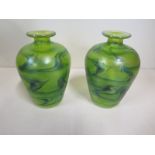 Two Mdina style glass vases in iridescent green, both approx 12.5cm H, possibly signed bases, in