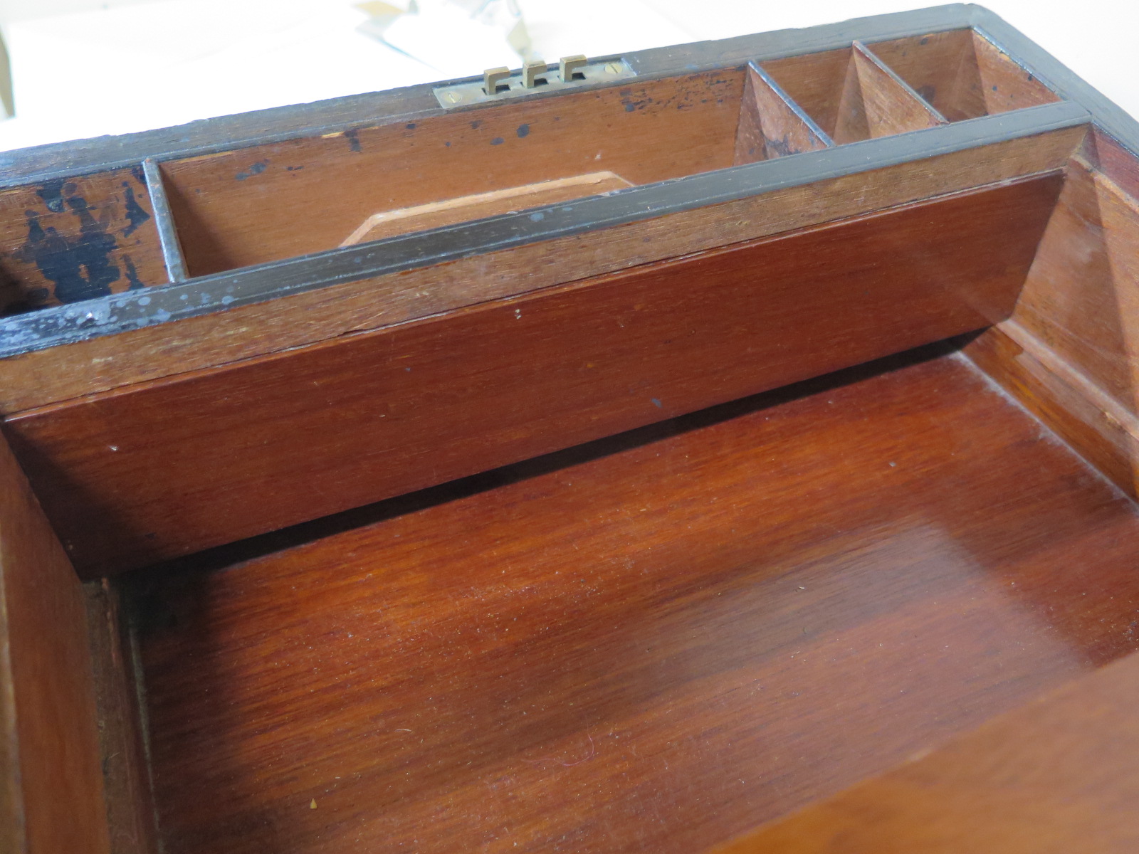 A 19th Century walnut writing slope with brass fittings , with secret compartment containing two - Image 3 of 5