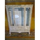 A French dry scraped grey painted cabinet and marble top, top cracked, no internal shelves, 153cm