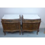 A pair of burr walnut marble top bedside chests, 64cm H x 57cm x 37cm - matching previous lot
