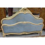 An upholstered French shabby chic bed frame, 170cm W - headboard 125cm H