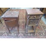 Two marble top continental bedside cupboards, one with a broken leg