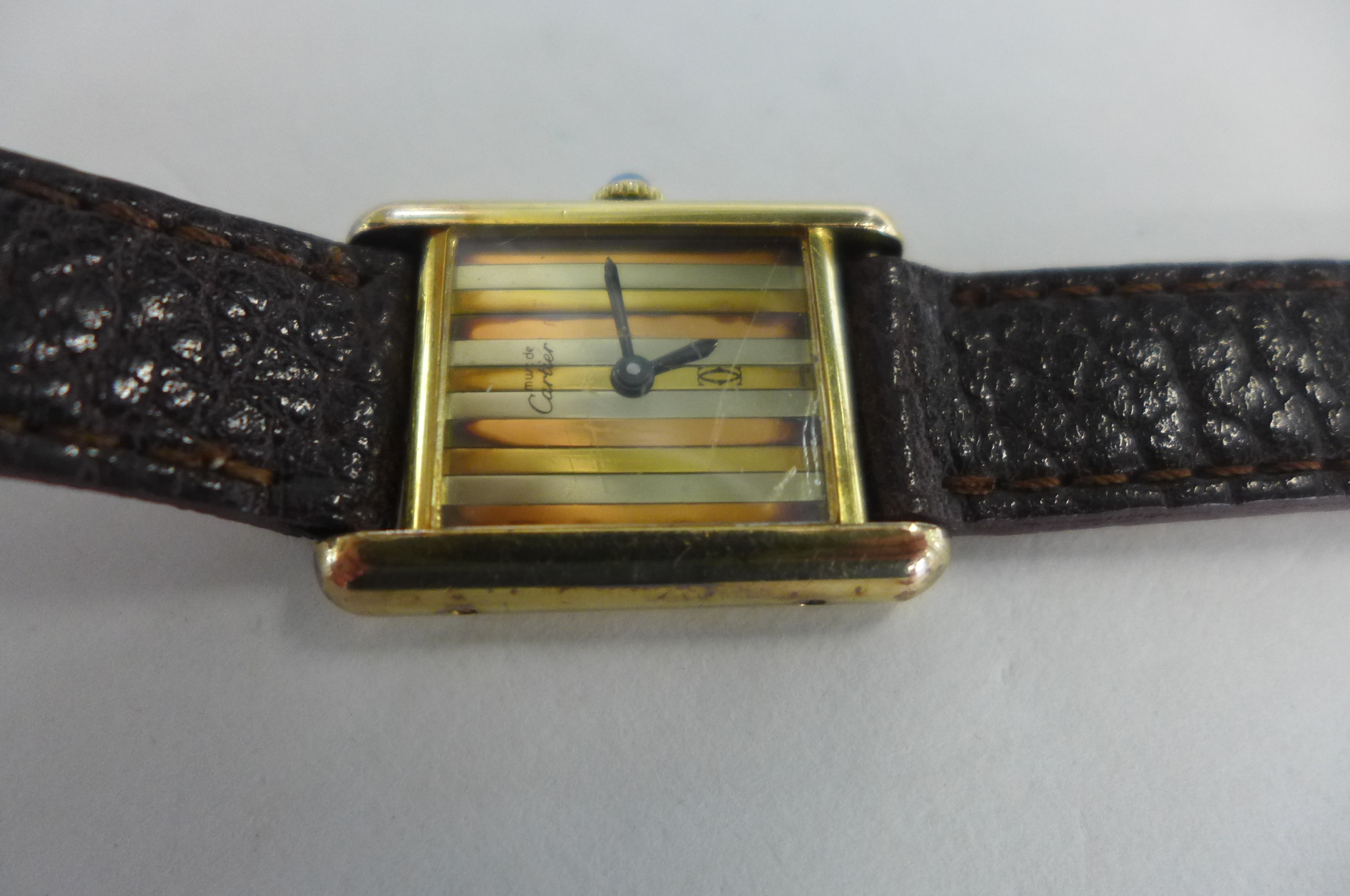 A ladies Cartier manual wind gold plated Tank wristwatch with Trinity three colour dial and blue - Image 2 of 5