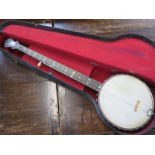 A Windsor popular model 1 - 5 string banjo with case, generally good condition, some play wear -