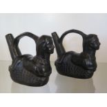 Two Pre-Columbian or later black pottery figural whistles, 12cm long - both generally good, very