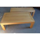 Two blonde oak Winsor coffee tables one with a drawer - 40cm tall x 70cm x 120cm and 130cm x 43cm