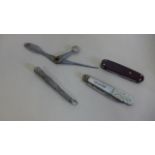 pocket knives and tools including a Victorian silver fruit knife and an early 20th century German