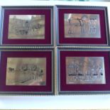 Four silver plaques with etched illustrations of shire horses, each mounted and framed, plaques