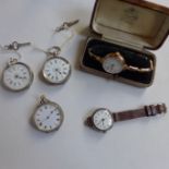 Three silver fob watches, a silver cased ladies wristwatch and a ladies gold plated cocktail