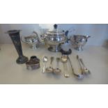 A silver tea set, assorted other silverware and a silver weighted vase, total weighable silver