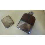 A silver plated hip flask with damaged top and a silver cigarette case, approx 2.1 troy oz