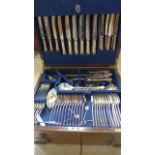 A large Mappin and Webb canteen of flatware in an oak case with two lower drawers, generally in good