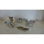 Two silver sauce boats, two silver jugs and a pair of silver salts with spoons, total weight