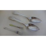 A pair of Georgian silver table spoons, London 1814 - together with a silver fork and and enamel and