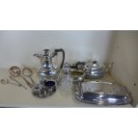 A silver plated four piece tea set and other plated ware