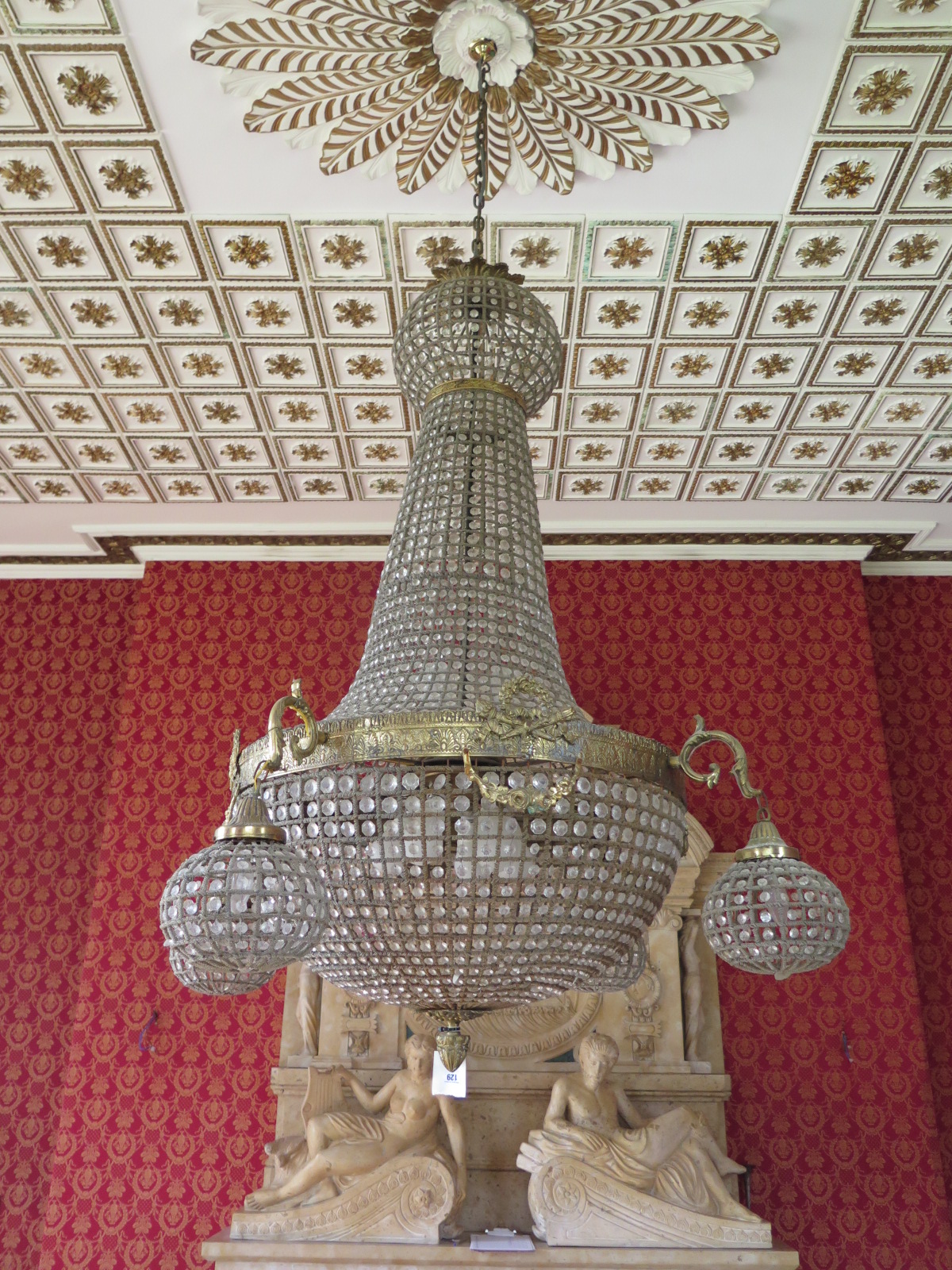 A large gilt chandelier, with ten central lights, with hanging glass drop, with four outer - Image 3 of 5