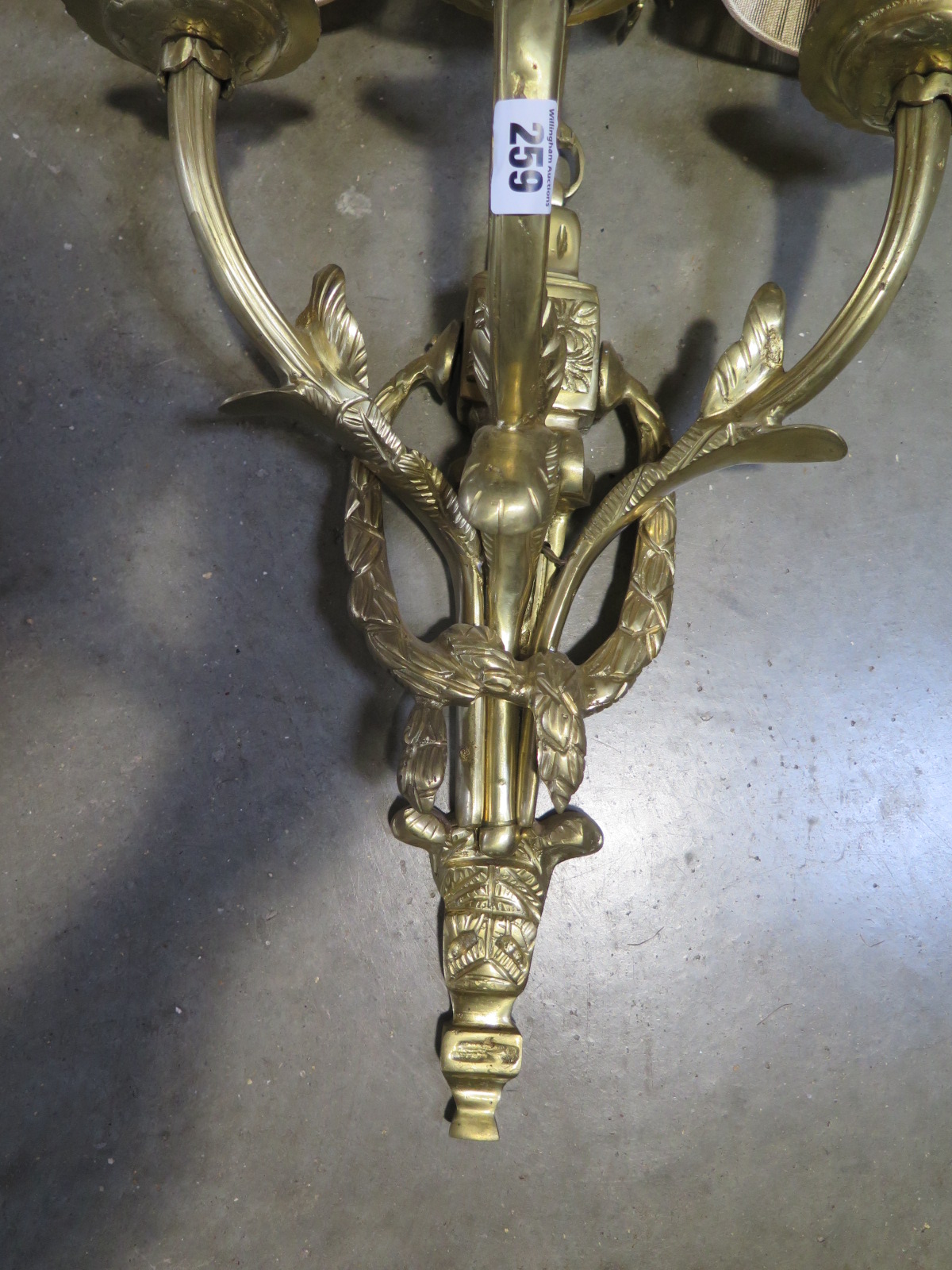 A pair of good quality brass three branch wall lights, 68cm high - Image 2 of 2