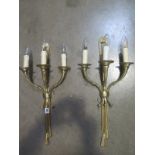 A pair of good quality three branch brass wall lights - 59cm High