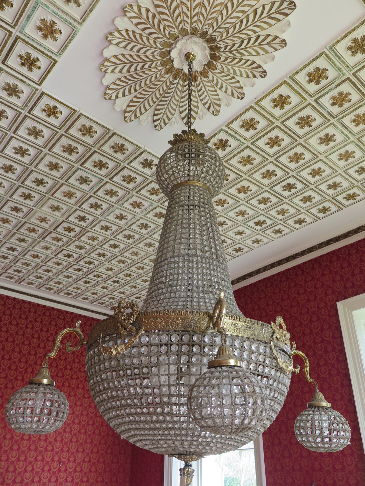 A large gilt chandelier, with ten central lights, with hanging glass drop, with four outer - Image 2 of 5