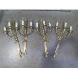 Two pairs of good quality three branch brass wall lights - 59cm High, one with broken branch