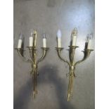 A pair of good quality three branch brass wall lights - 59cm High