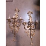 A pair of good quality brass three branch wall lights - 87cm high