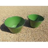 Two vintage green enamel food boilers, ideal for use as garden planters - 66cm wide including