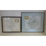 Two Robert Morden 18th century maps of Warwickshire and Bedfordshire, both hand coloured,