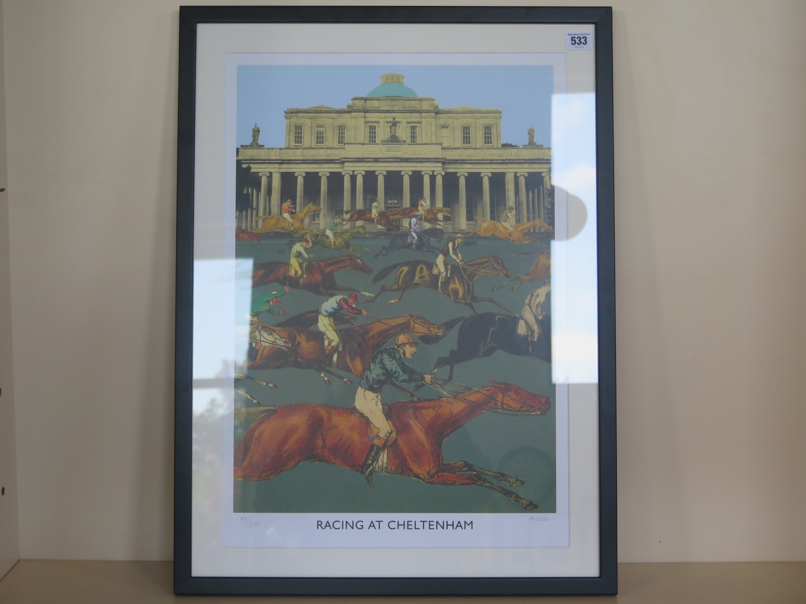 A framed limited edition print, racing at Cheltneham, signed Mozz numbered 92/200 - size 51cm x 68cm