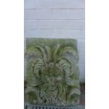 A large weathered cast stone garden plaque of a green man - 44cm W x 66cm H x 12cm D