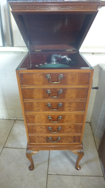 Console wind up gramophone 78rpm, walnut case, six brass handled compartment, full working order