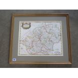 A coloured map of Hertfordshire by Robert Morden in a gilt frame overall good condition, colour