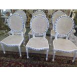 A set of six bergere white painted side chairs with blue high lights - 107cm H x 56cm W