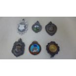 Six silver fobs, three with enamel decoration, approx 2.2 troy oz overall, in good condition