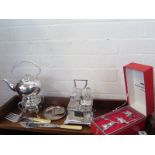 A plated spirit kettle cruet set, condiment set tray servers and booklet