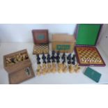 Four Jaques chess sets, two are travelling sets, a few pieces replaced and two are boxed sets,