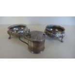 A pair of silver salts and a silver mustard total weight approx 5.78 troy oz, glass good to mustard,