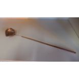 A white metal wine ladle with horn handle - 45cm long, inset with a Georgian coin, some splitting