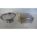 A small silver cigarette box, 5x9x9cm, and a small silver footed dish, dish weight approx 2.8 troy