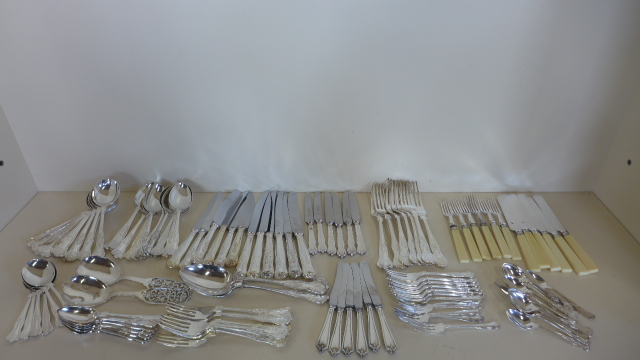 A collection of kings pattern EPNS flatware together with six silver handled butter knives and other