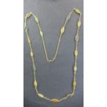 A gold plated, amber, jade and opal necklace, 82cm long approx, total weight approx 16.5grams,