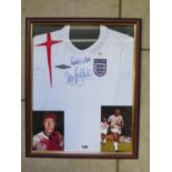 An England home shirt signed by Terry Butcher with blooded photos, with COA - framed