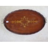 A mahogany inlaid oval tray with brass handles, 65x40cm