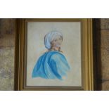 A 19th century style water colour of a renaissance period lady with a headscarf, unsigned with