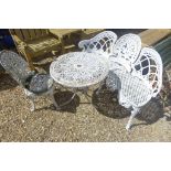 An aluminium garden set with three seater bench, singe chair and circular table