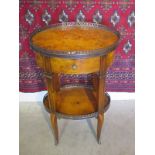 A modern burr walnut oval side table with a drawer and under tier, 70cm tall x 44cm x 31cm