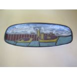 A Newlyn Pottery dish of boats at a quay - signed Leaper Newlyn - 34cm x 14cm