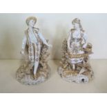 Two Berlin style continental figurines of a young man and lady, approx 16cm high overall, in good