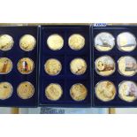 Three sets of six gold plated CU commemorative coins