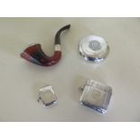 Two silver Vestas and a silver rimmed pipe, Vestas in generally good condition, some wear to pipe,